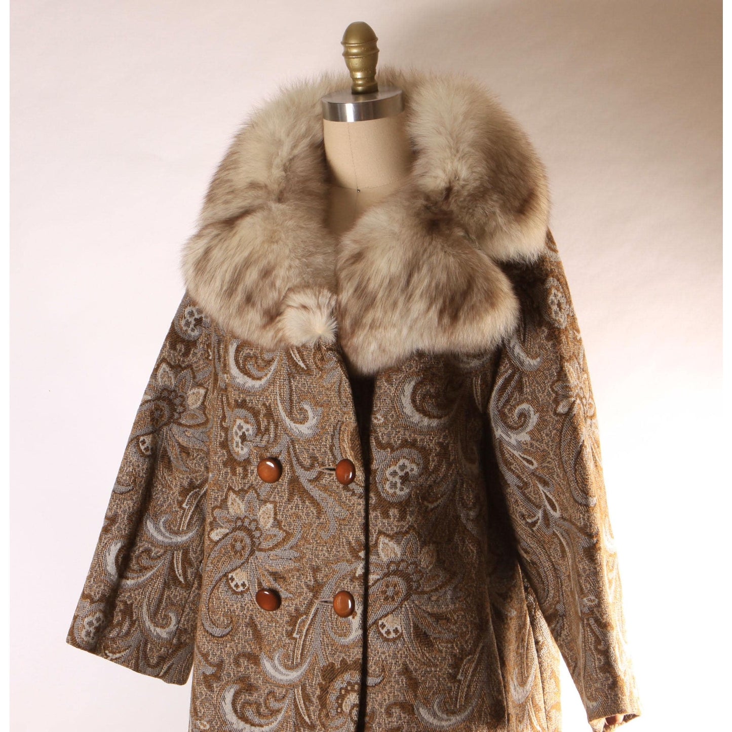 1960s Brown and Blue Gray Swirl Paisley Tapestry Fox Fur Collar Carpet Coat