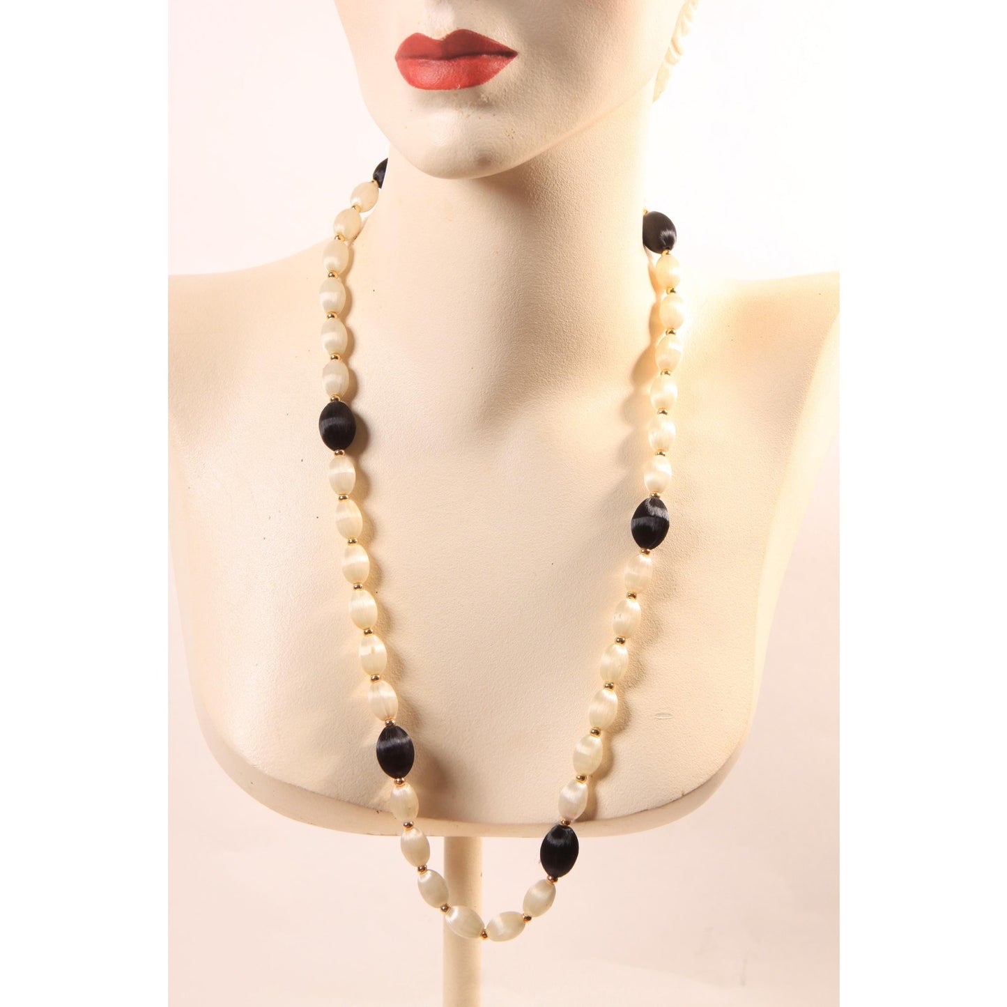 1960s White, Black and Gold Tone Metal Satin Circle Beaded Necklace