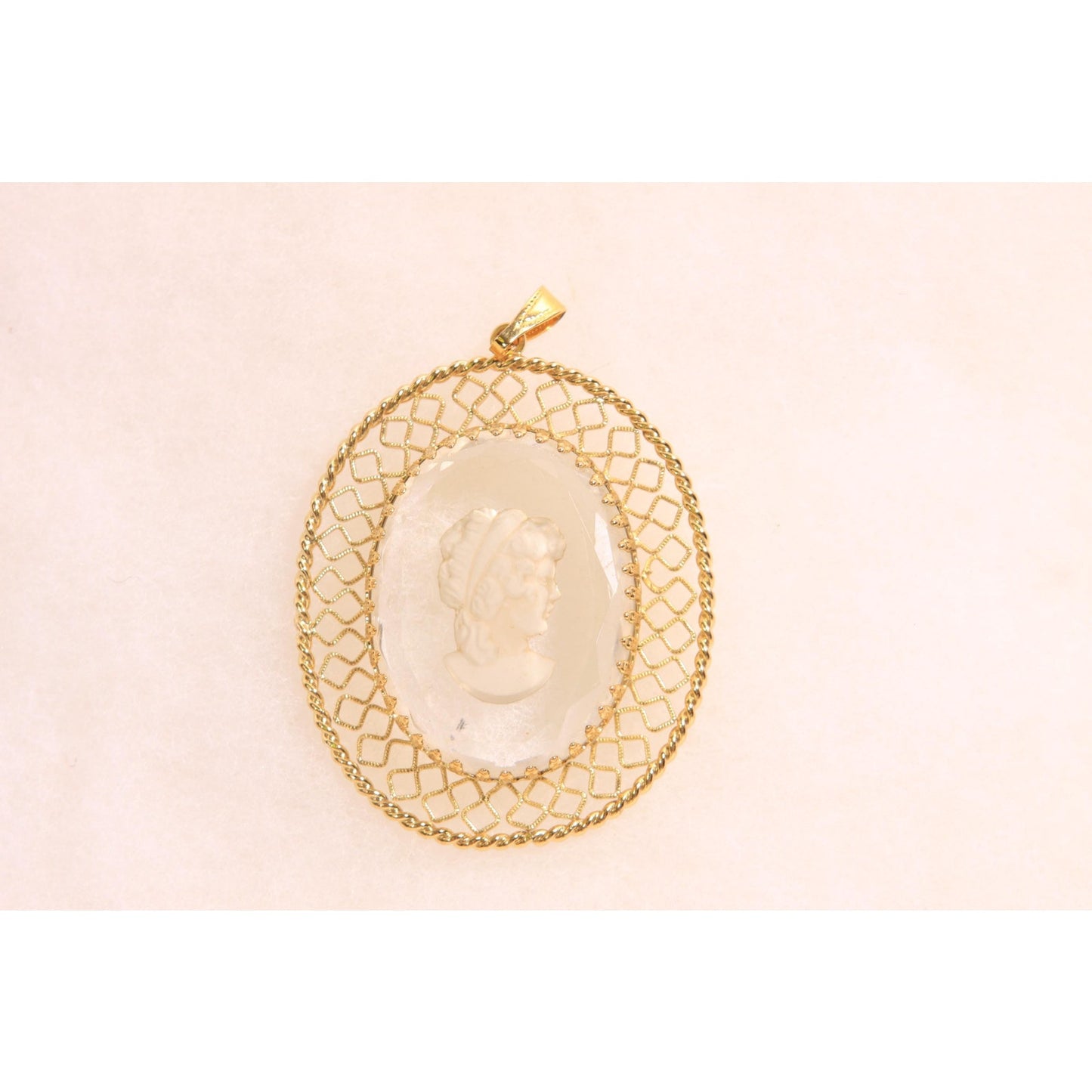 1950s 1960s Gold Tone Metal and Clear Glass Etched Cameo Necklace Pendant