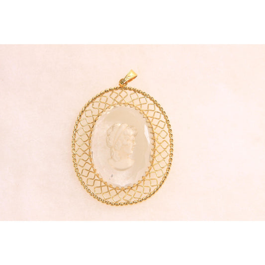 1950s 1960s Gold Tone Metal and Clear Glass Etched Cameo Necklace Pendant