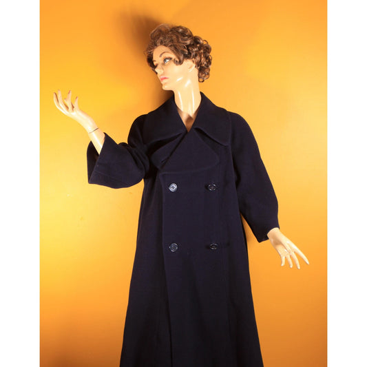 1950s Navy Blue Long Sleeve Button Up Pea Coat by Traina-Norell -XL