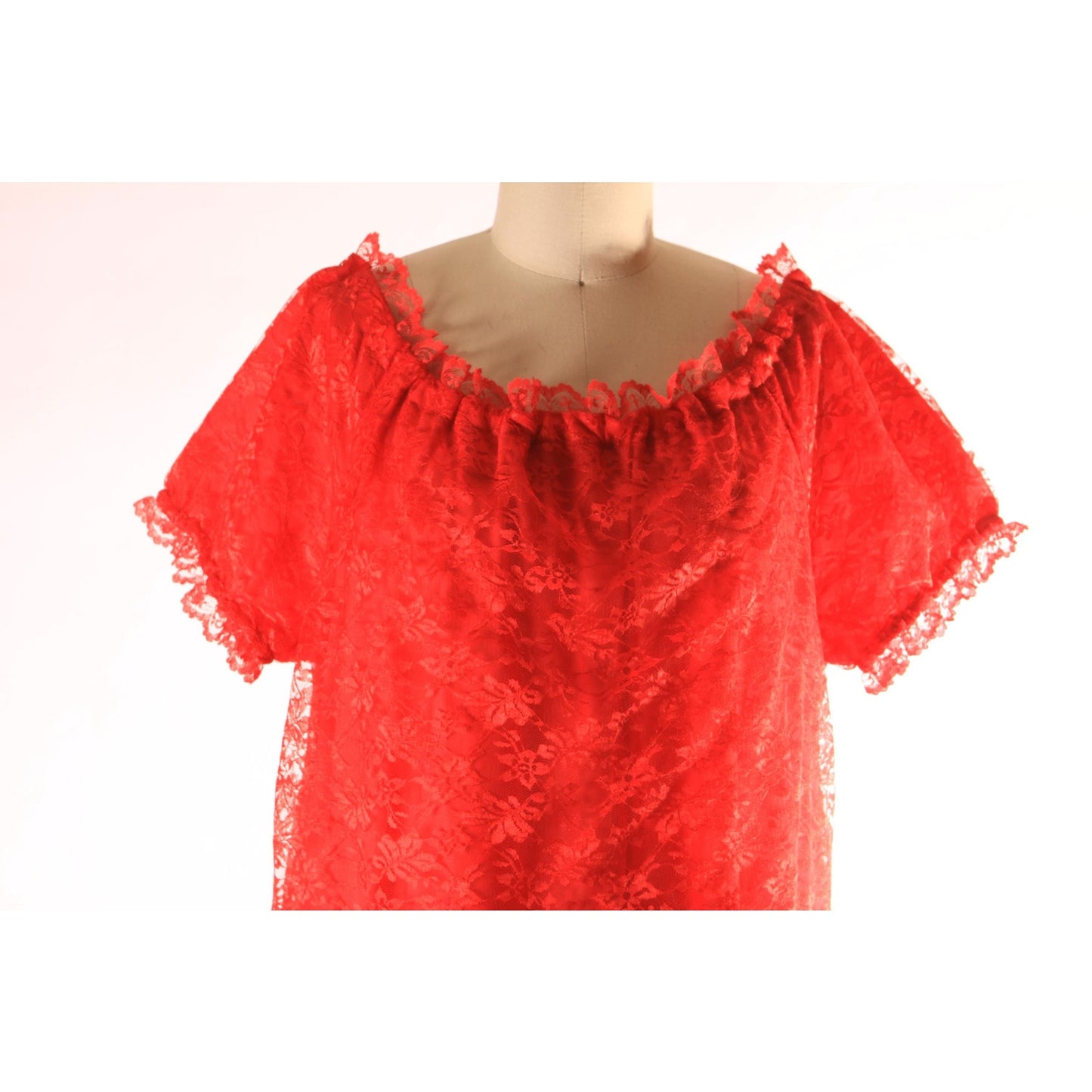 1960s 1970s Sheer Red Lace Overlay Short Sleeve Off the Shoulder Lingerie Night Gown -2XL