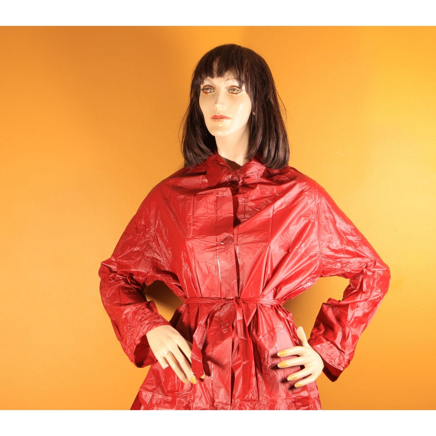 Deadstock Late 1970s Early 1980s Dark Red Vinyl Detachable Hood Raincoat by Aqua Queen