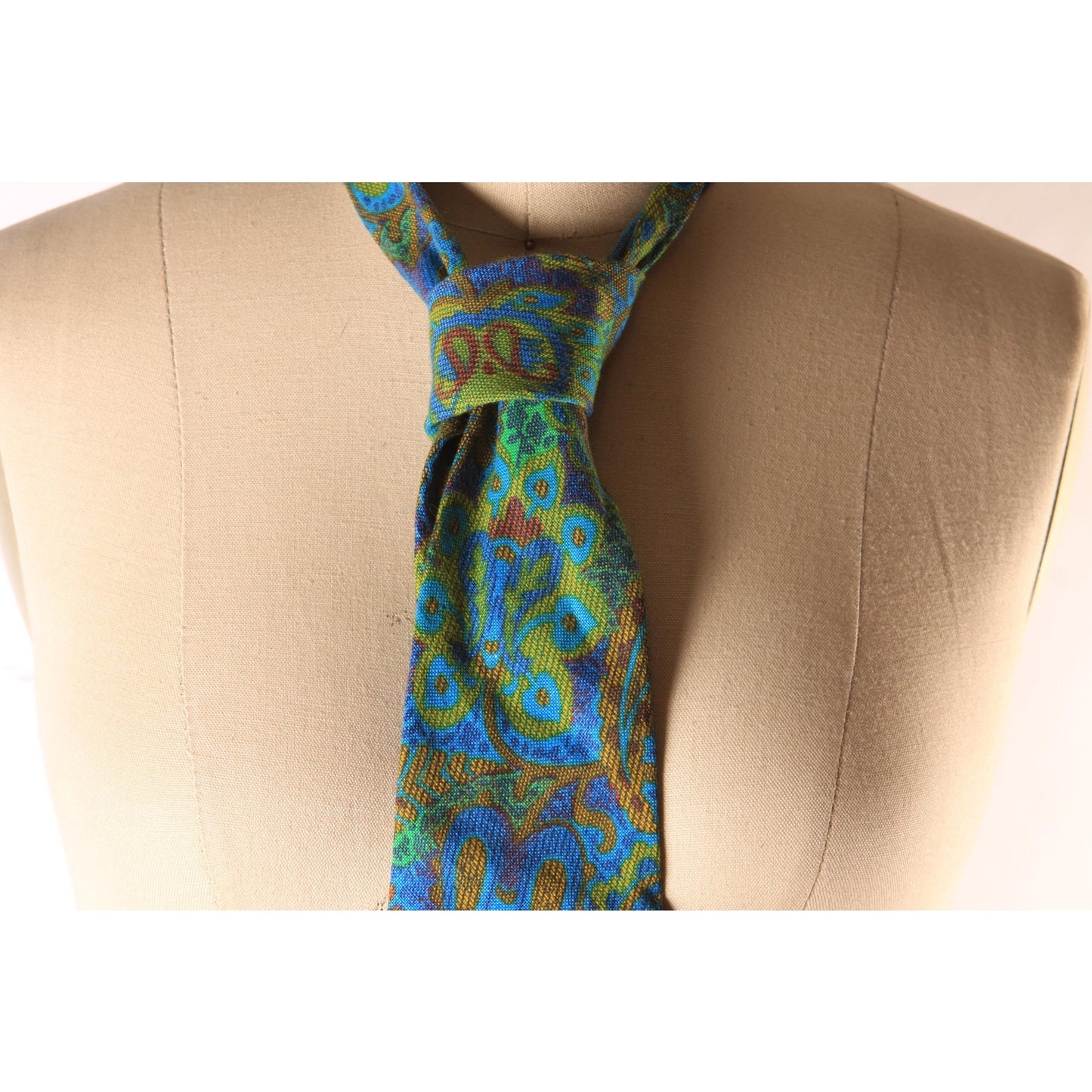 1960s Blue, Green and Tan Paisley Pscyhedelic Necktie