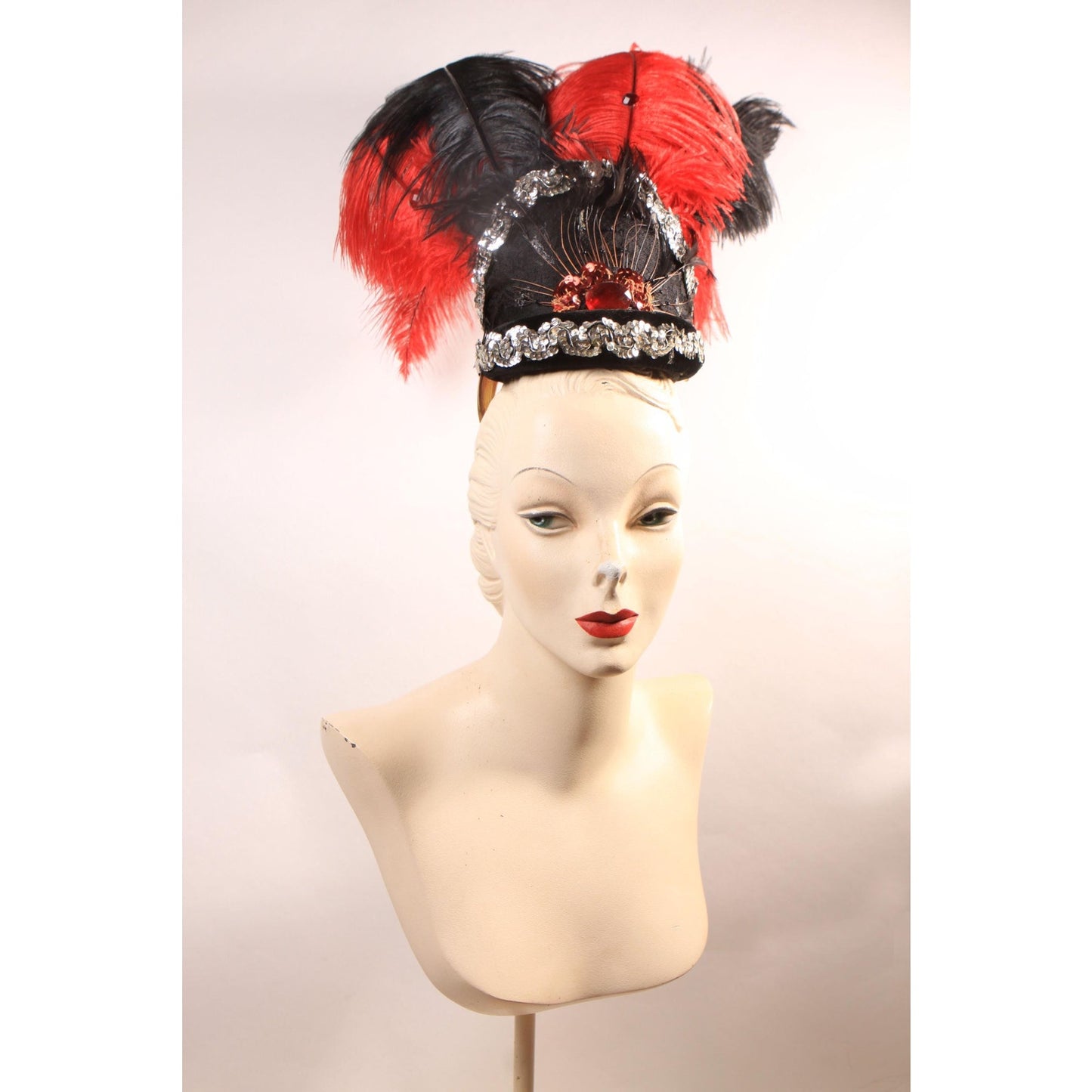 1970s Red and Black Costume Showgirl Burlesque Feather Sequin Headdress Headpiece Hat