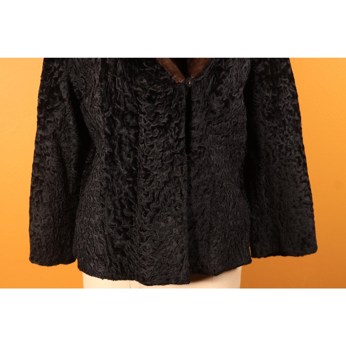 1950s Black Persian Lamb and Brown Mink Fur Trim Coat by Parker -M-L