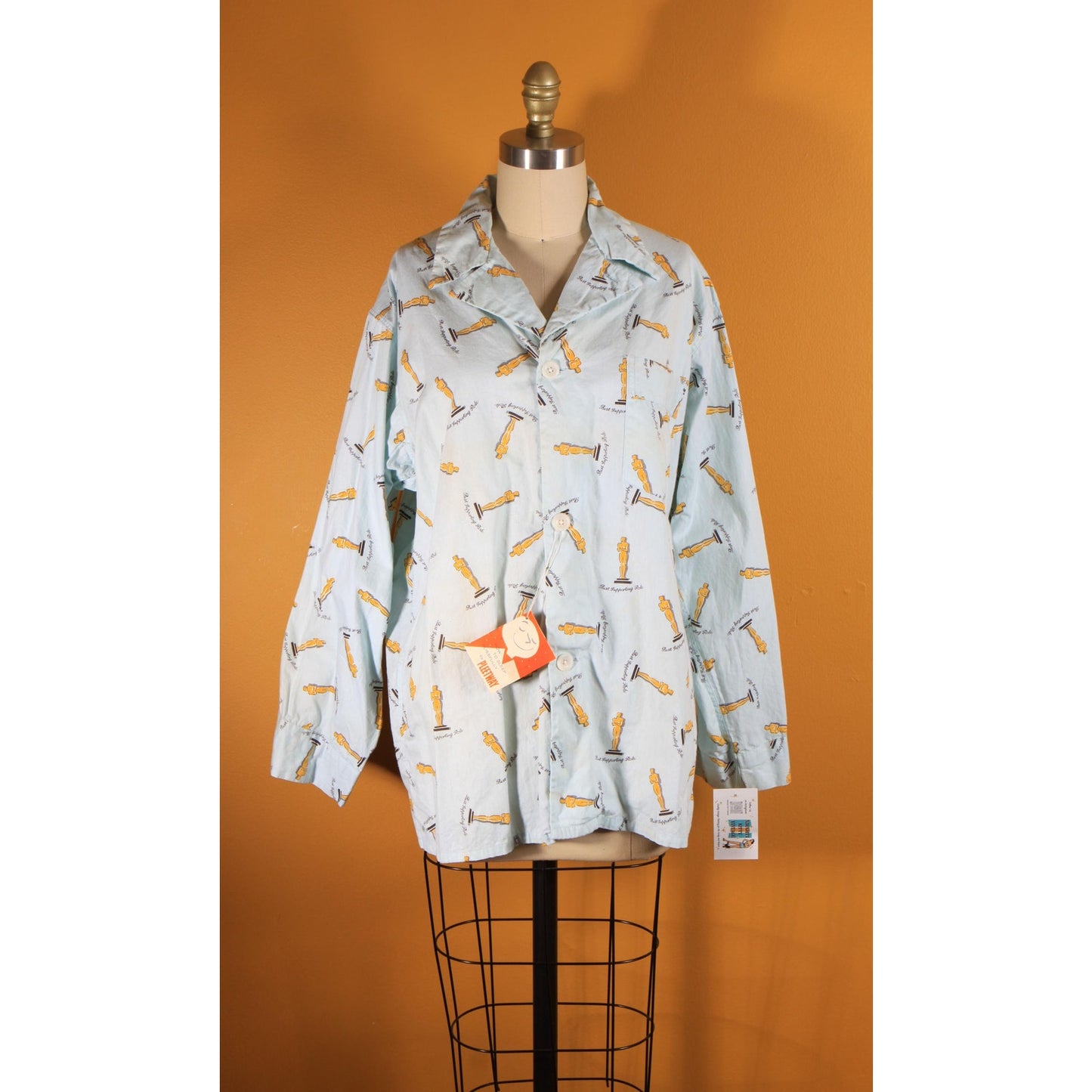 Deadstock 1950s Novelty Blue, Gold and Black Best Supporting Role Oscar Mens Pajama Top by Pleetway -XL