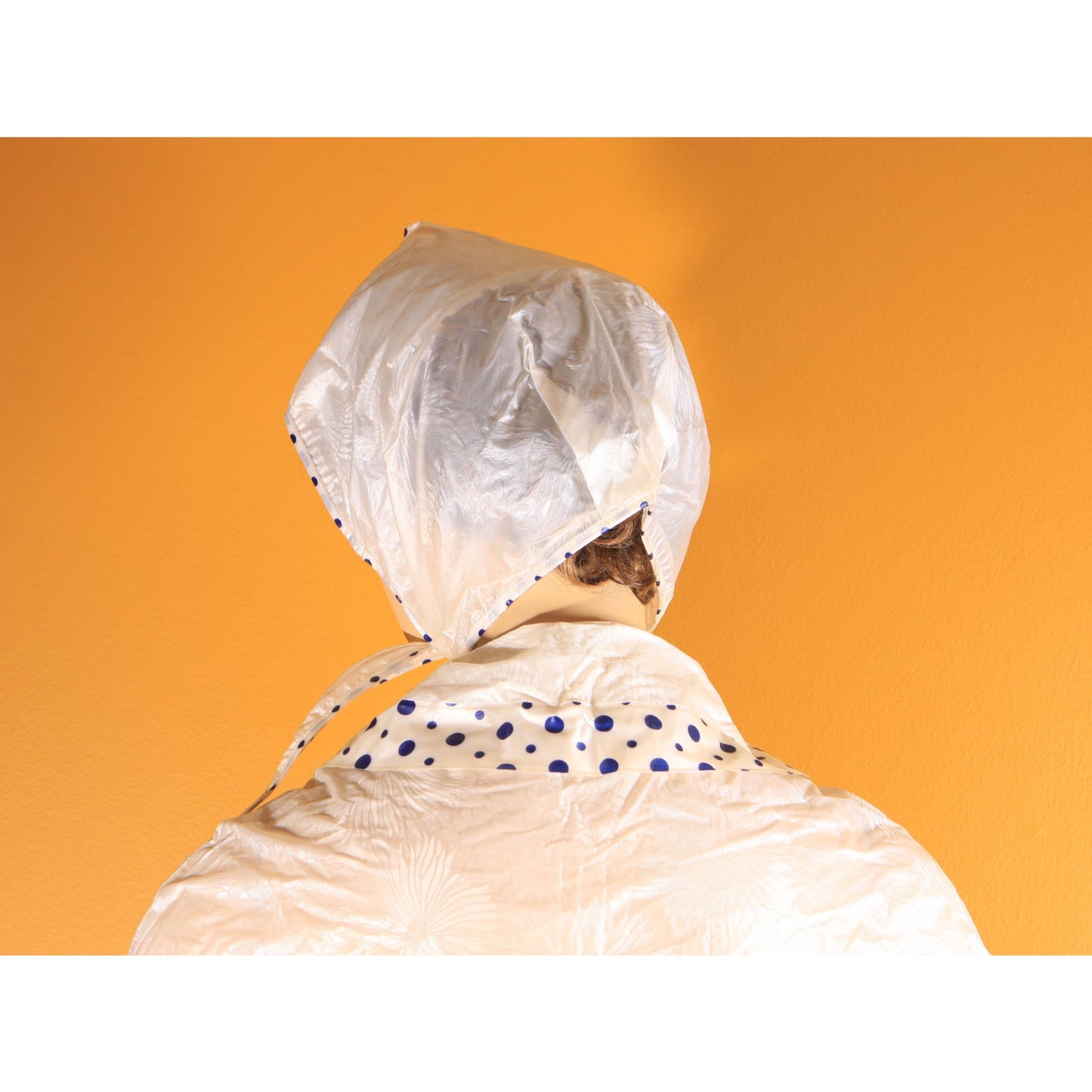 Deadstock 1960s Opaque White and Blue Polka Dot Trim Floral Textured Vinyl Raincoat Cape and Matching Rain Bonnet