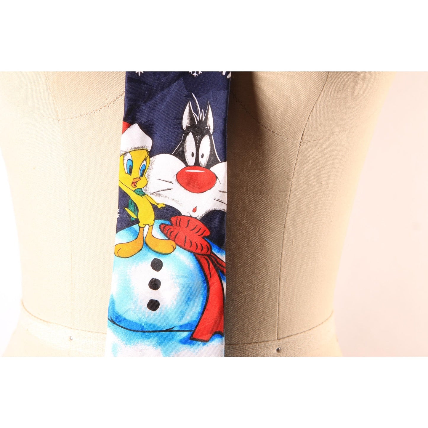 1990s Blue Novelty Tweety Bird and Sylvester Snowman Necktie by Looney Tunes Mania