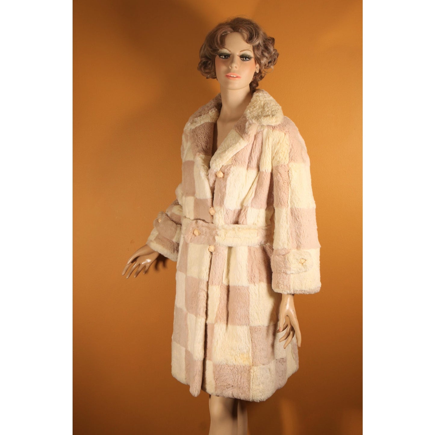 1960s Light Pink and White Sheared Dyed Chinchilla Fur Checkerboard Mod Belted Coat by Famous Barr -M-L