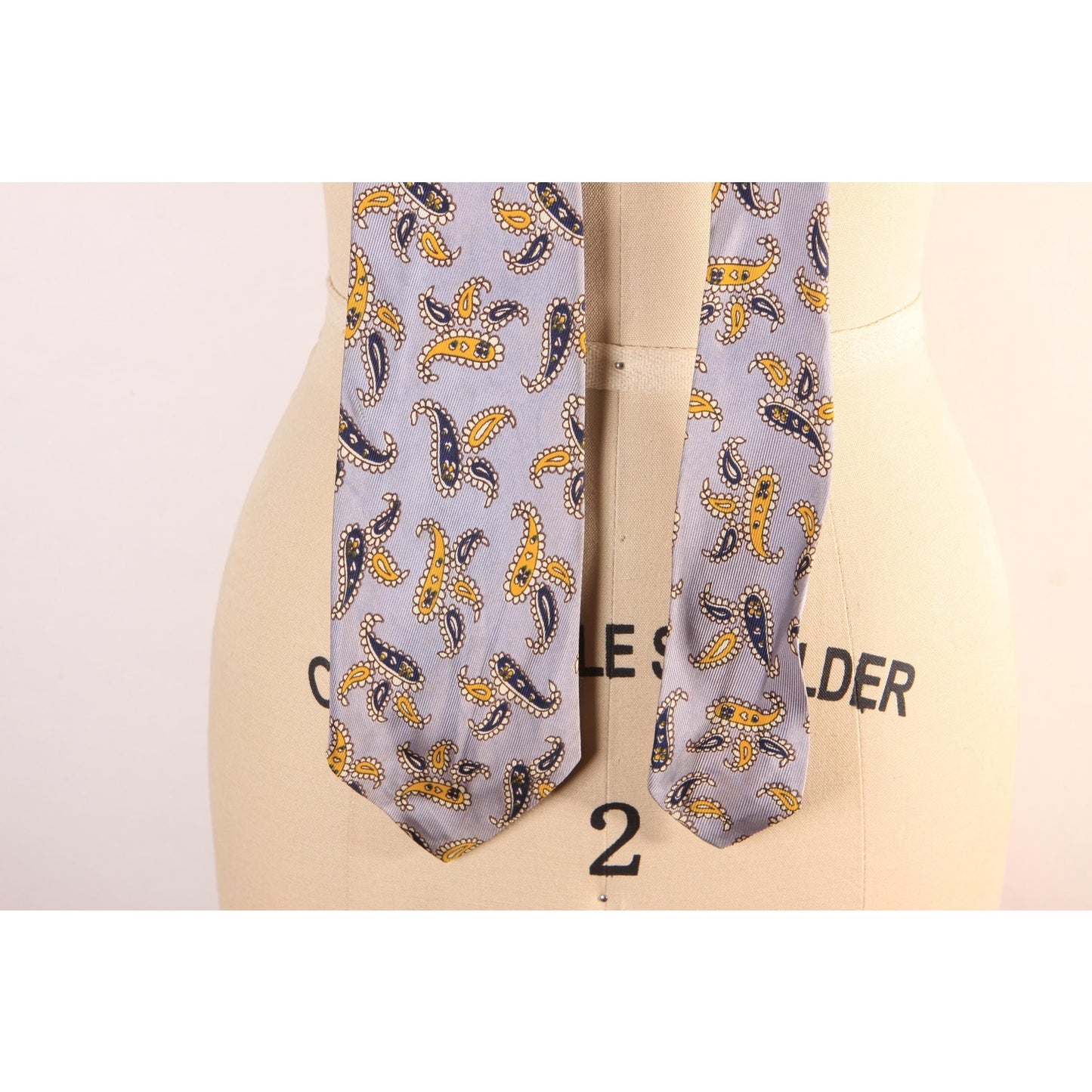 1950s 1960s Gray, Yellow and Navy Blue Paisley Necktie Tie