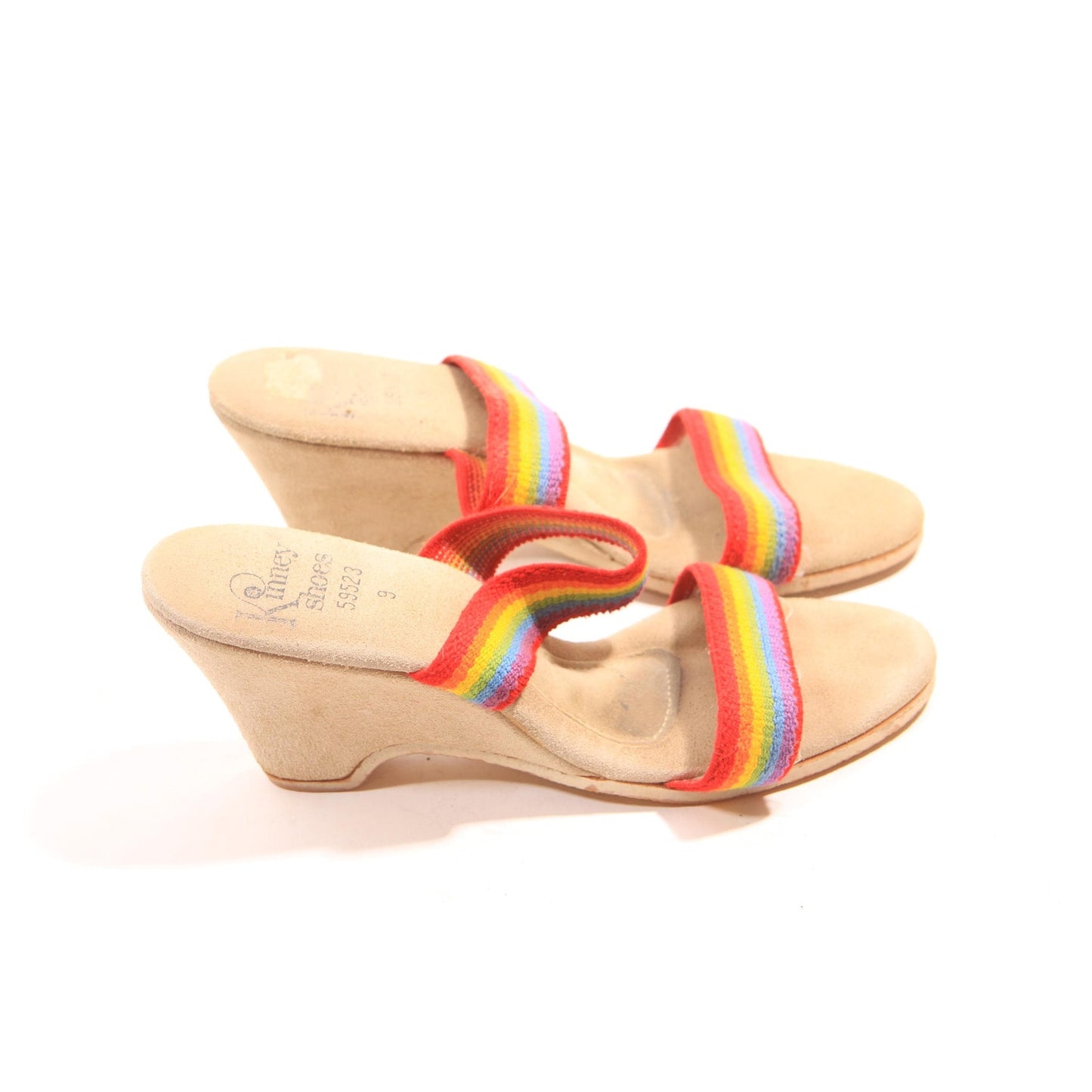 1970s 1980s Rainbow Strap Wedge High Heel Sandals by Kinney Shoes - Size 9