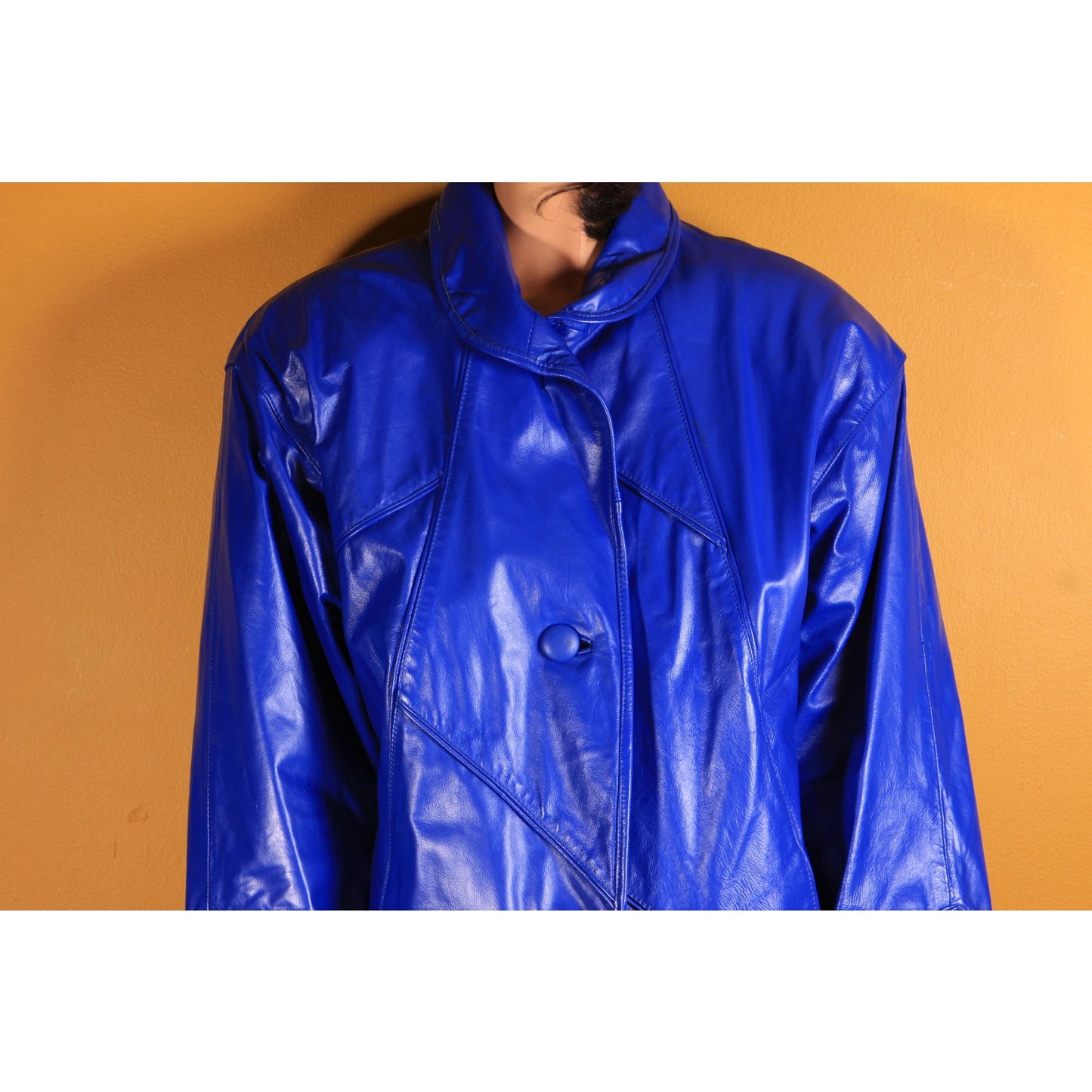 1980s Bright Blue Leather Button Down Long Sleeve Coat by Comint Leather -S