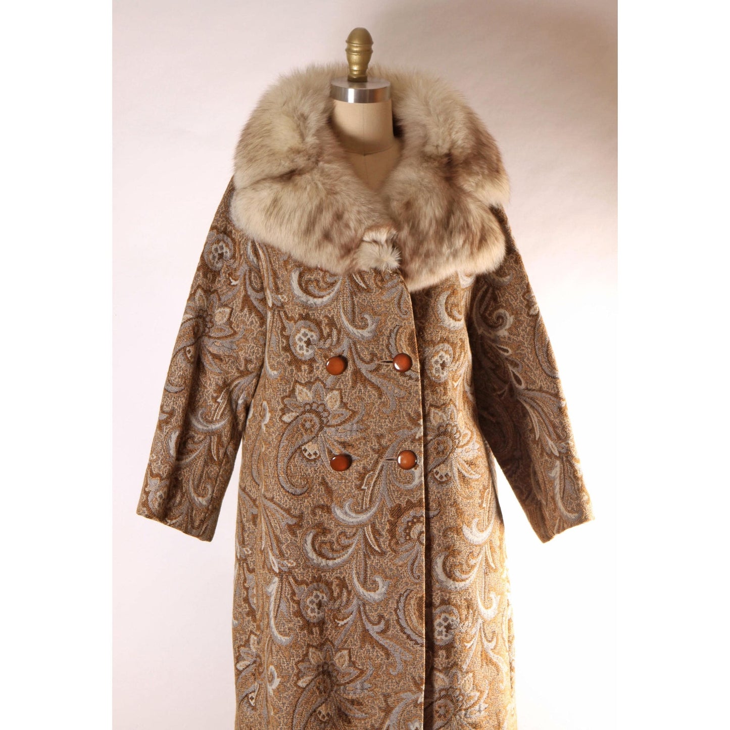 1960s Brown and Blue Gray Swirl Paisley Tapestry Fox Fur Collar Carpet Coat