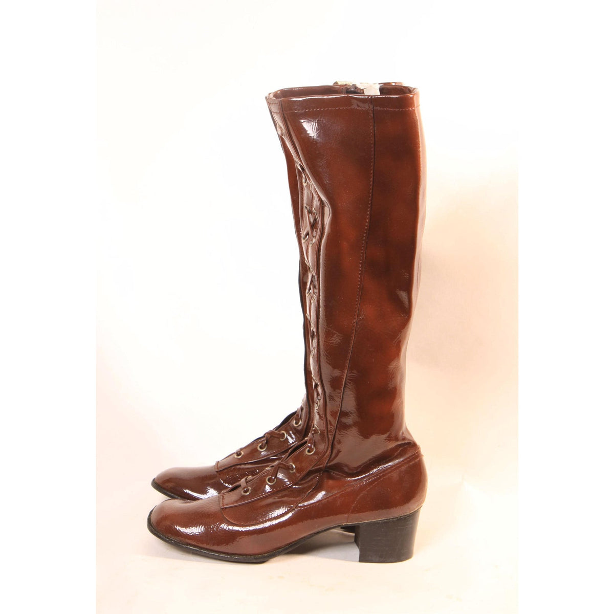 Deadstock 1960s Brown Vinyl Criss Cross Lace Up Zippered Go Go Boots -Made in Japan -Size 5 and Size 6