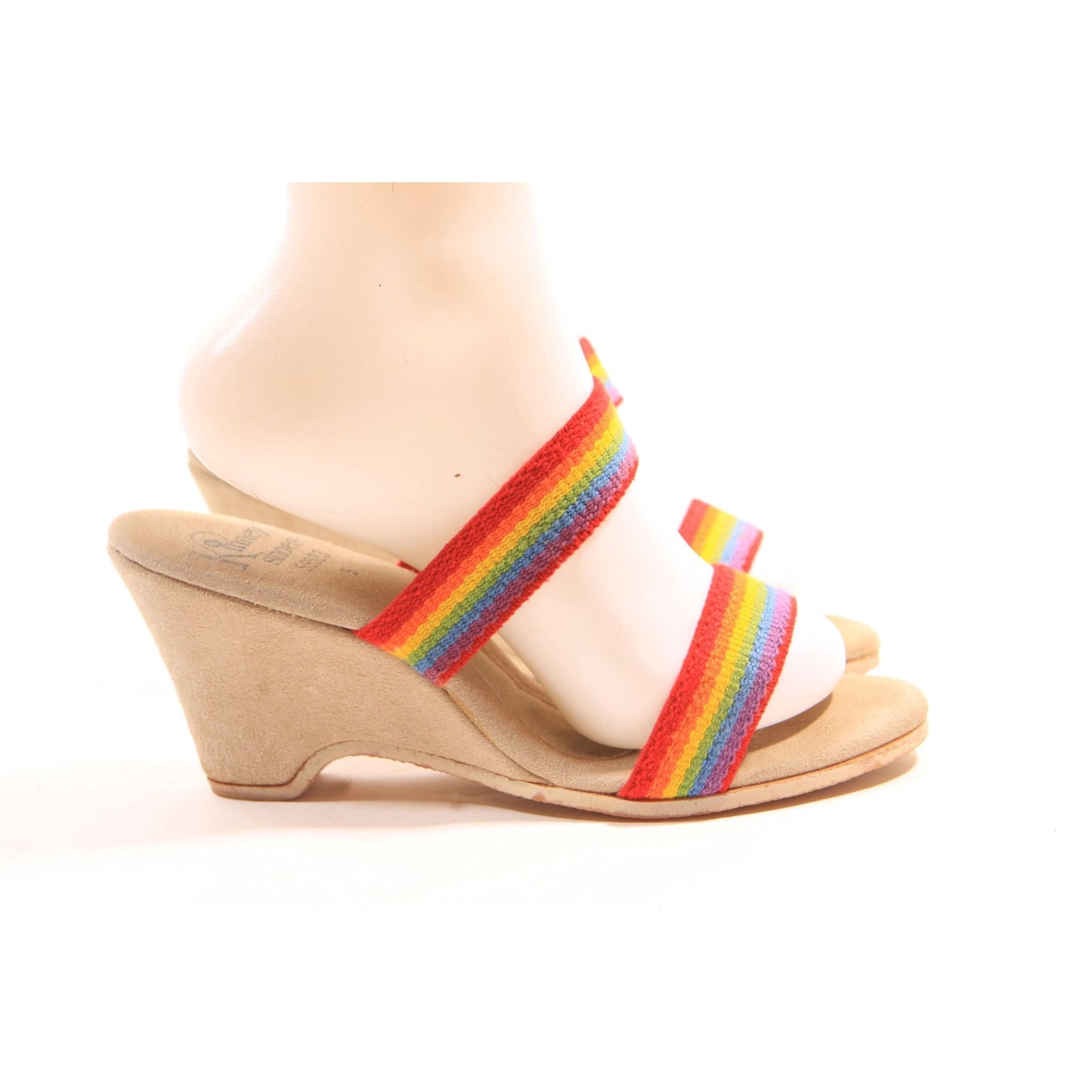 1970s 1980s Rainbow Strap Wedge High Heel Sandals by Kinney Shoes - Size 9