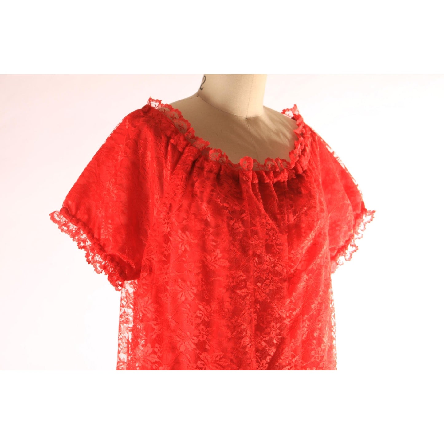 1960s 1970s Sheer Red Lace Overlay Short Sleeve Off the Shoulder Lingerie Night Gown -2XL