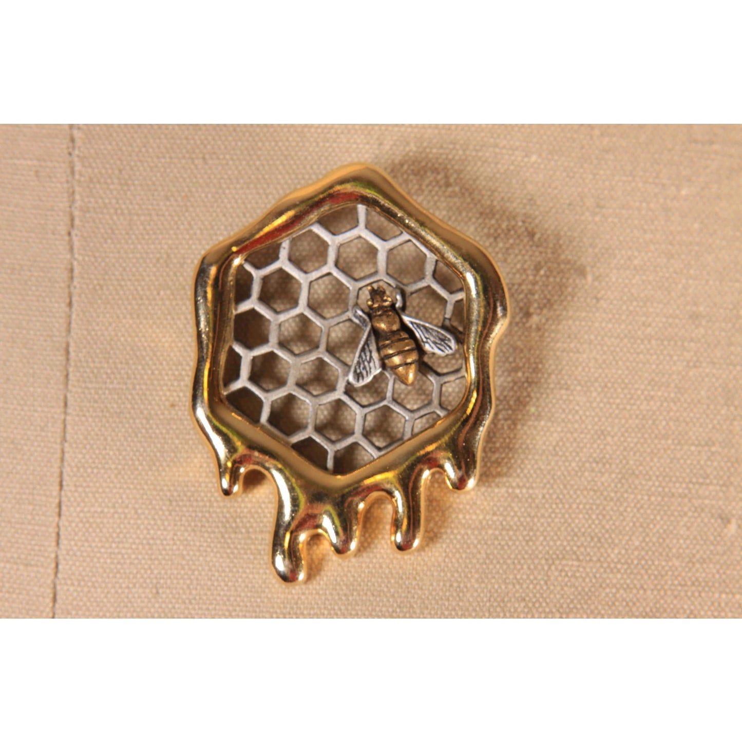 1980s Gold Tone and Silver Tone Metal Novelty Honey Beehive Bee Brooch