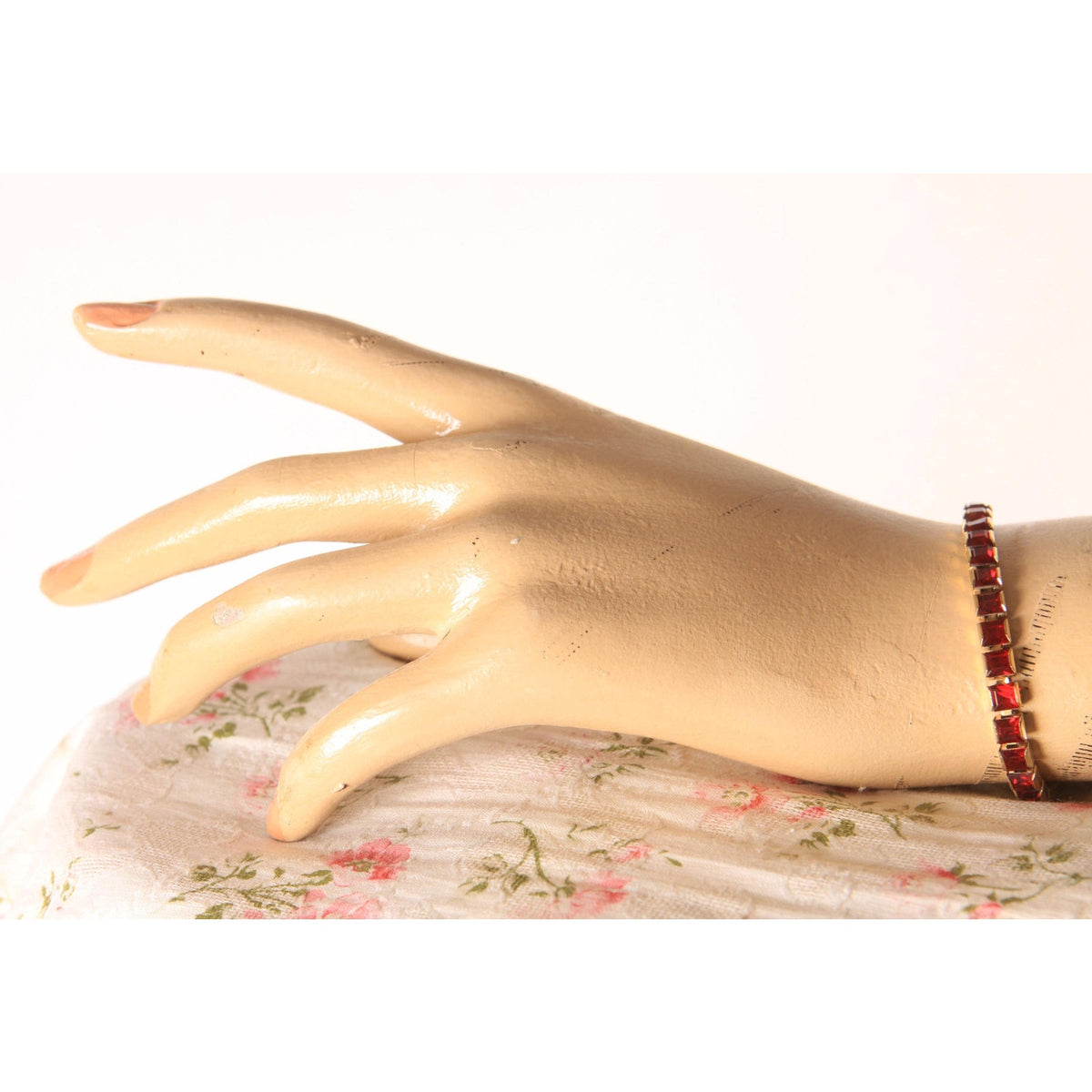 1970s Gold Tone Metal and Faux Red Jewel Rhinestone Chain Bracelet