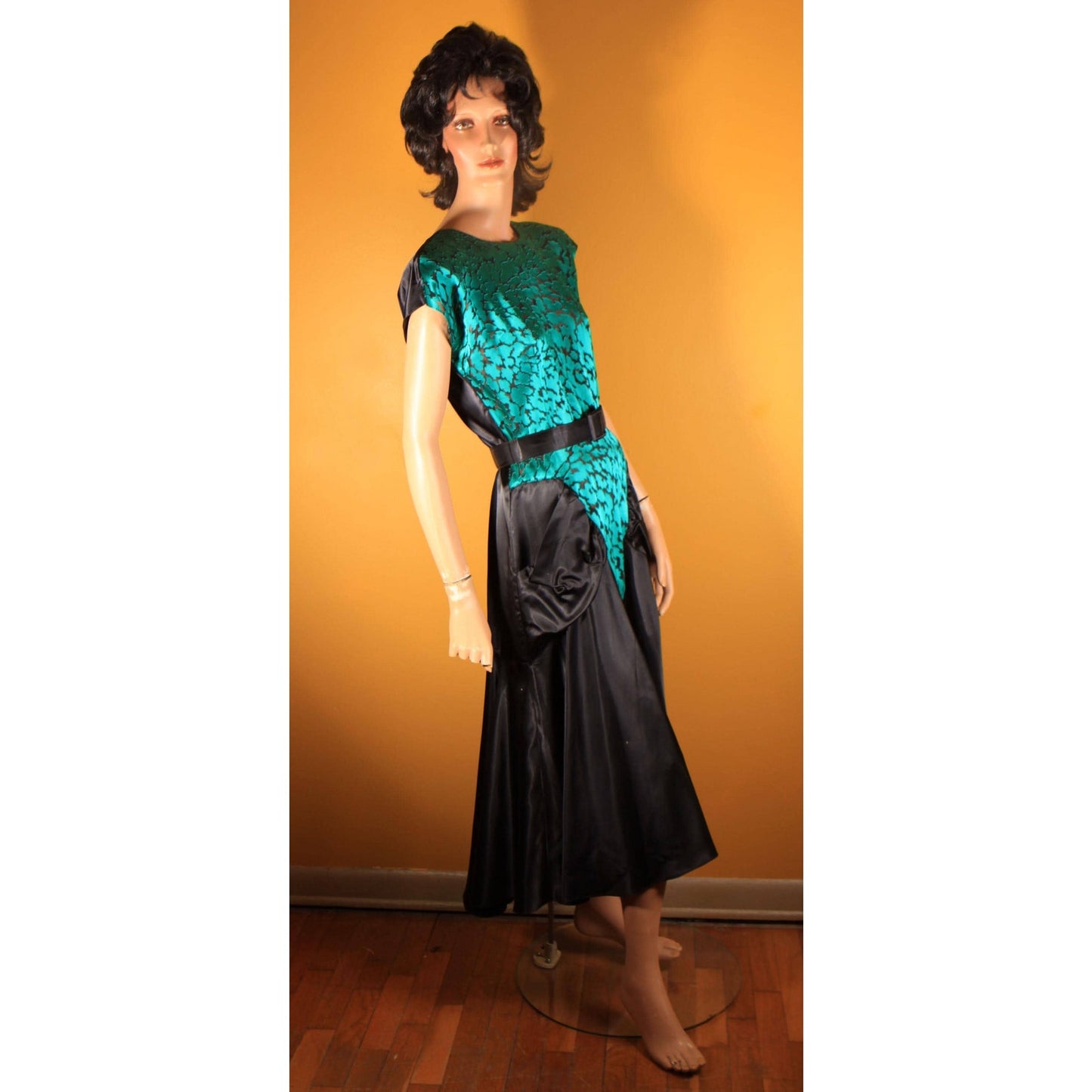 1980s Does 1940s Style Teal Blue Green and Black Sheer Cocktail Dress by Diamond's Run -L