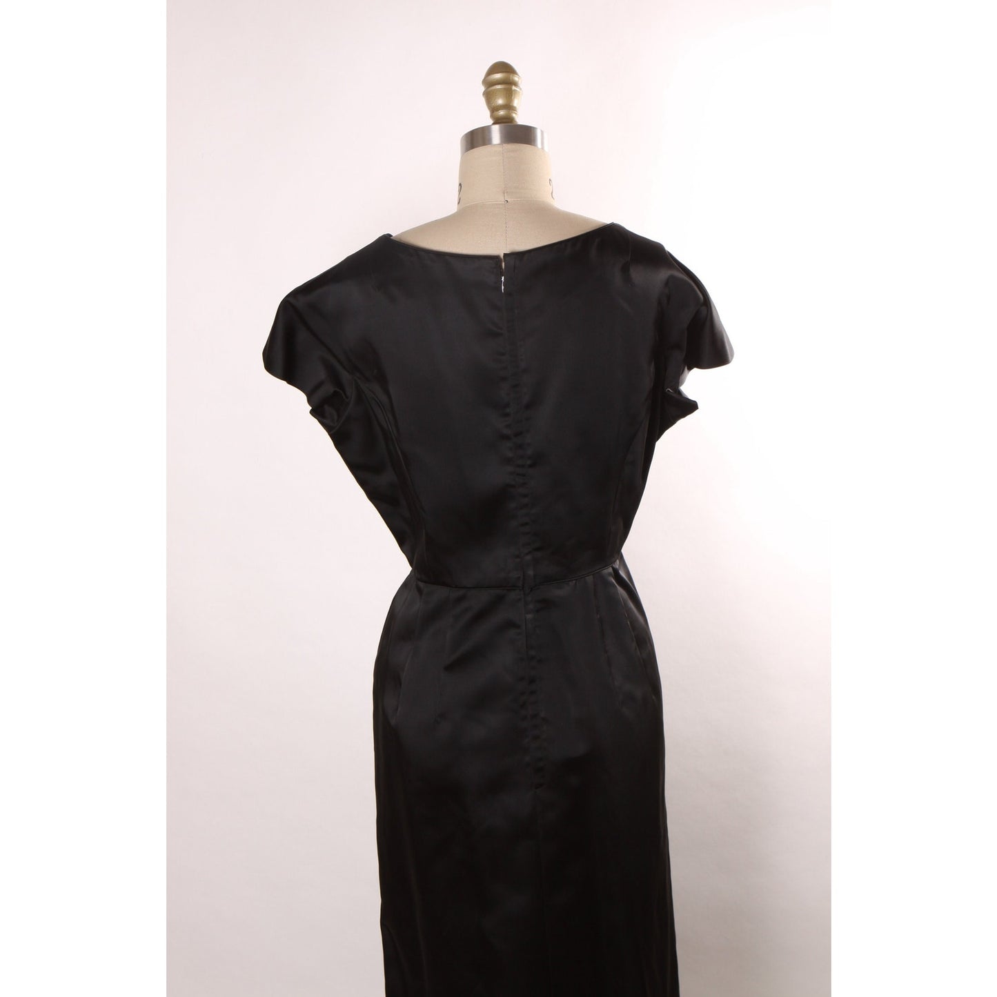 1960s Black Satin Short Sleeve Full Length Dress -XL