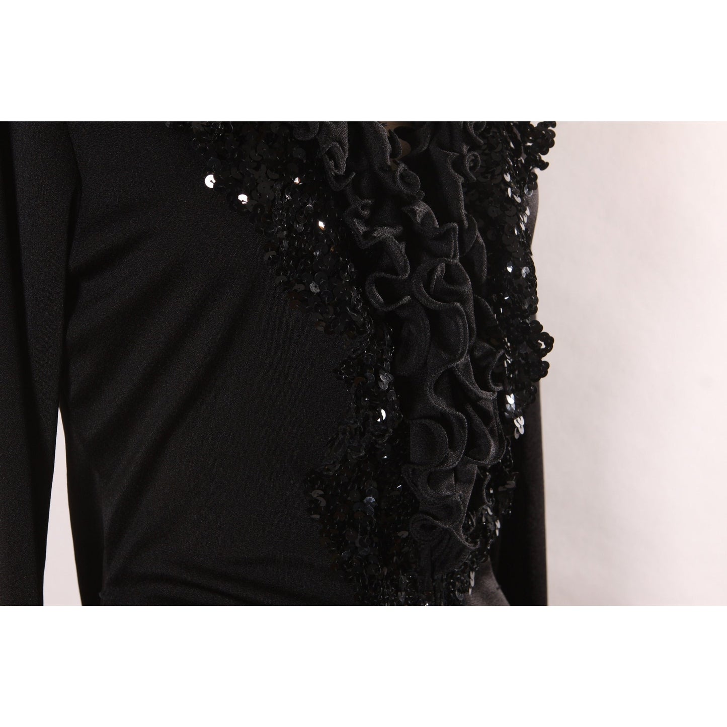 1970s Black Long Sleeve Ruffle Collar Sequin Detail Full Length Middle Slit Dress by Lynn Stevens -L