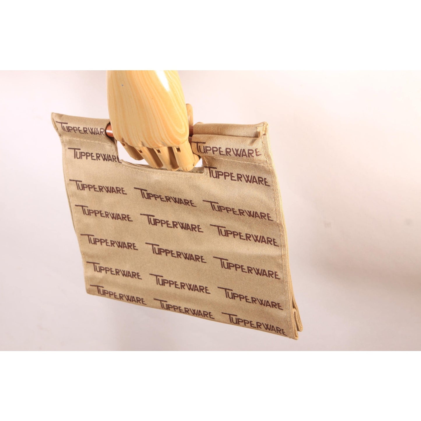 Deadstock 1970s Tan and Brown Novelty Tupperware Advertisement Wood Top Handle Purse Bag
