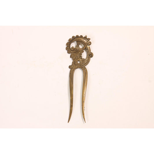 1910s 1920s Swirl Brass Tone Metal Prong Hair Fork Comb