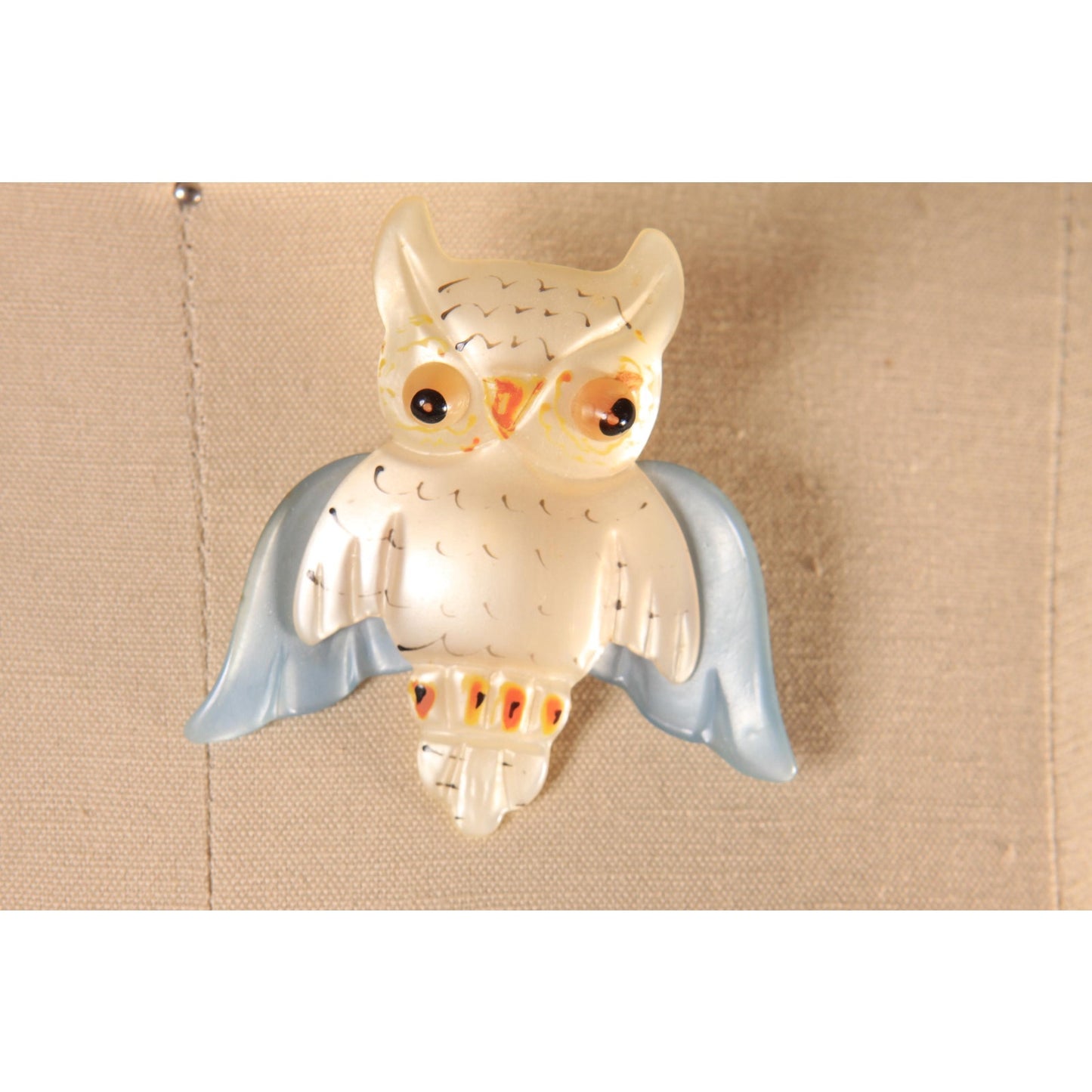 1940s Novelty Cream, Blue and Orange Novelty Owl Celluloid Plastic Brooch