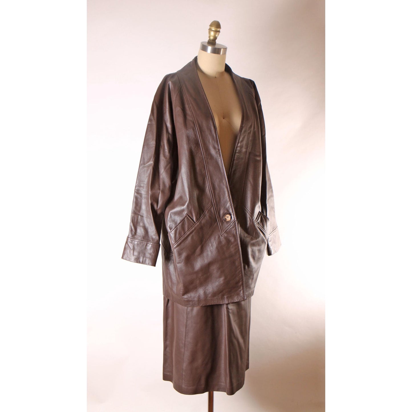 Deadstock Late 1970s Early 1980s Brown Leather Jacket with Matching Skirt Two Piece Skirt Suit by New England Sportswear -M-L