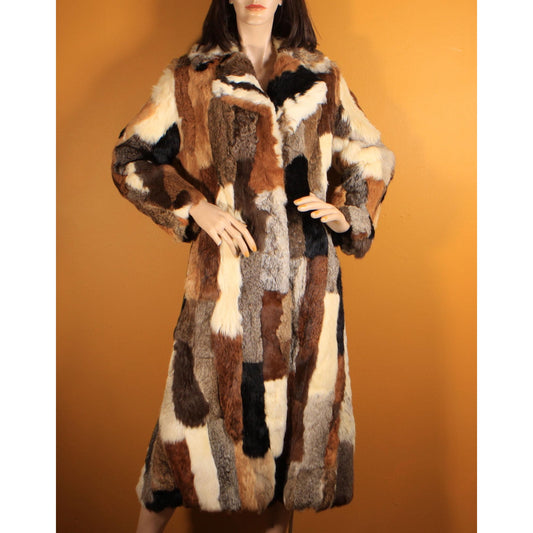 1970s Multi-Colored Patchwork Rabbit Fur Long Sleeve Penny Lane Coat by Mademoiselle Furs -M