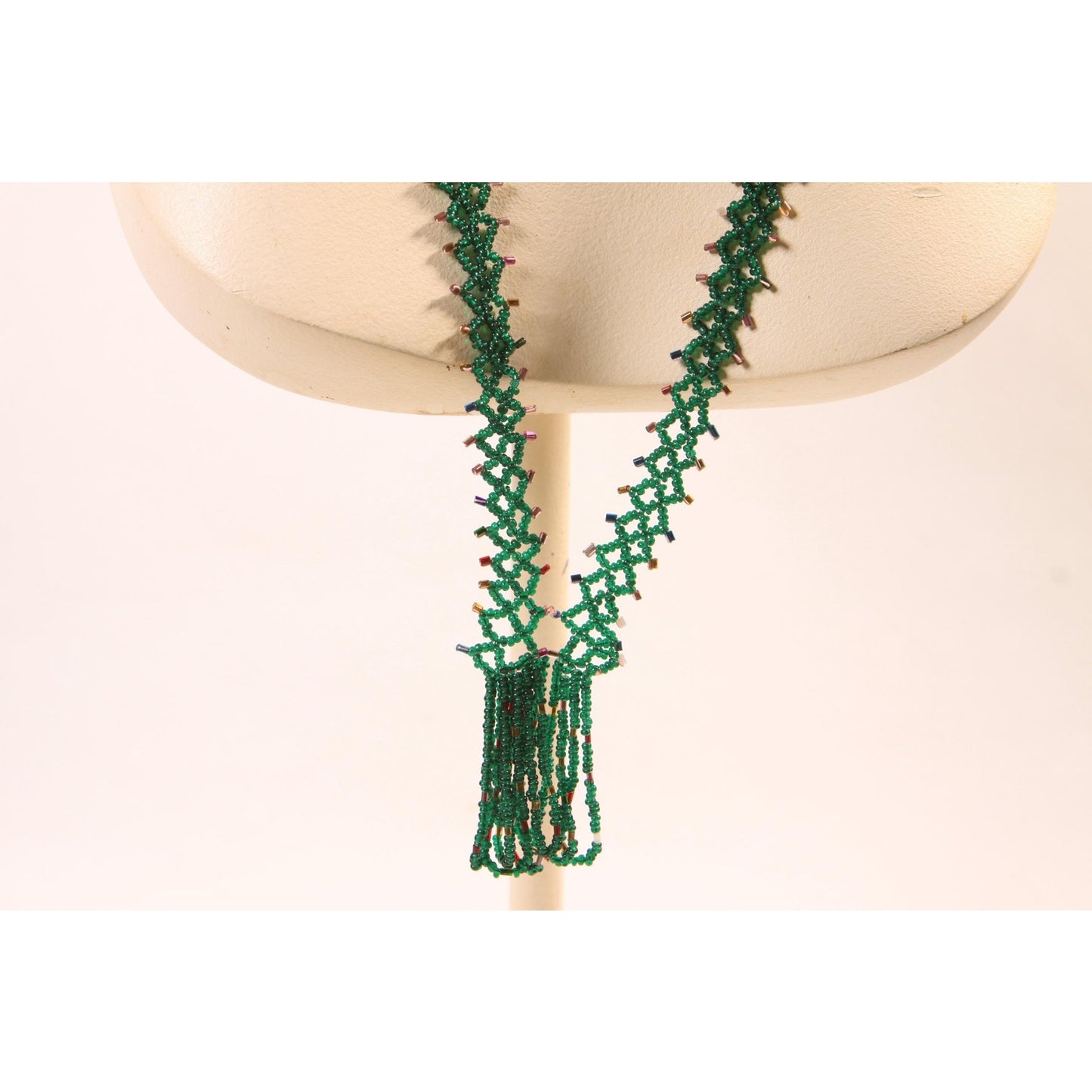 1920s Dark Green Glass Beaded Tassel Fringe Flapper Necklace