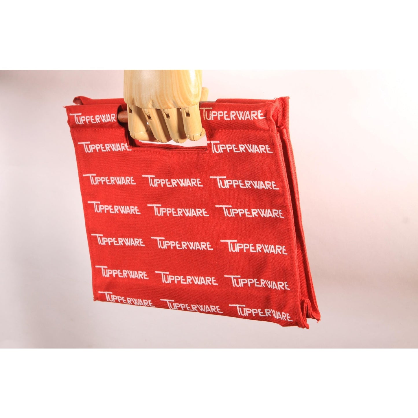 Deadstock 1970s 1980s Red and White Novelty Tupperware Advertisement Wood Top Handle Bag Purse