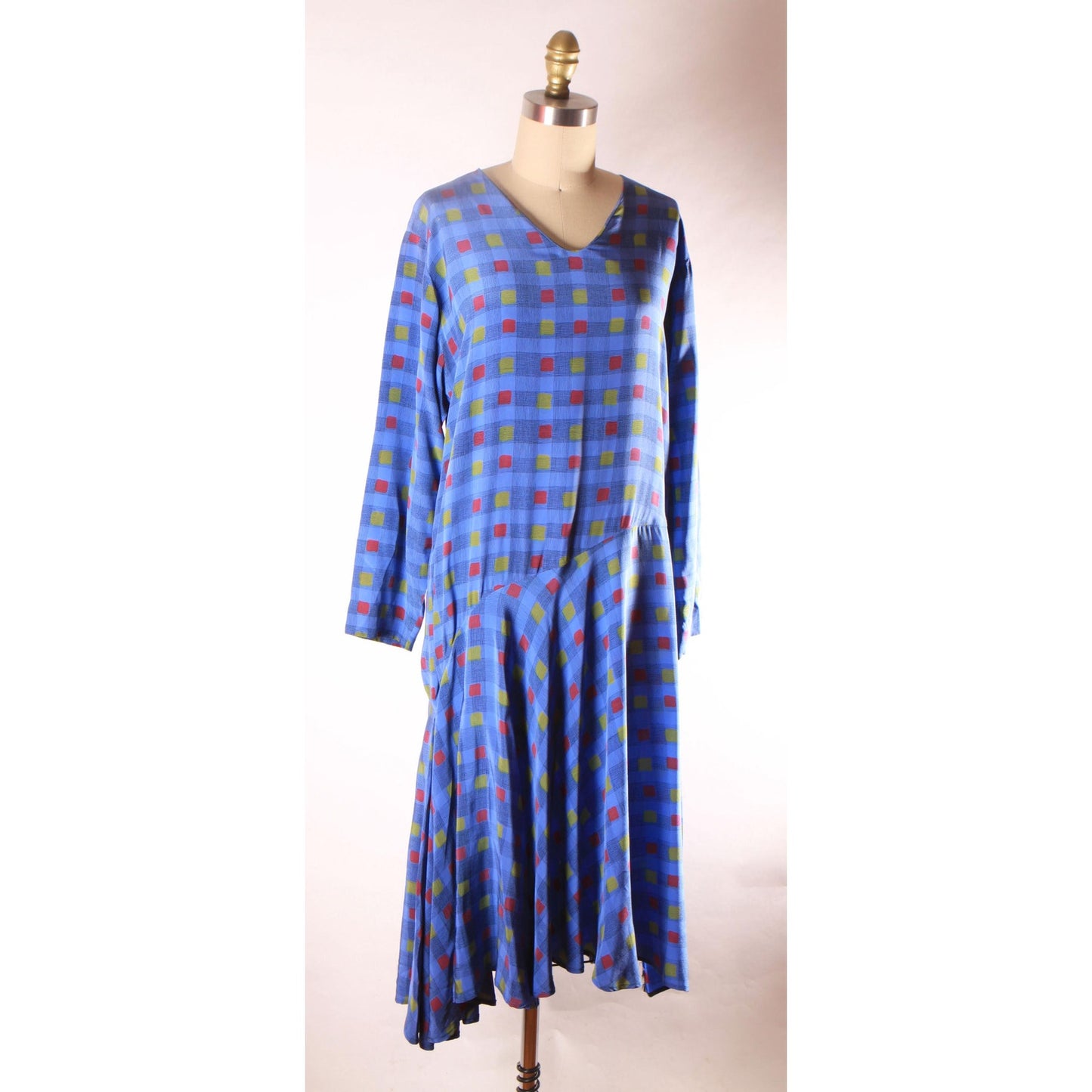 1970s Long Sleeve Blue, Black, Red and Yellow Asymmetrical Drop Waist V Neck Geometric Plaid Dress by Valentino