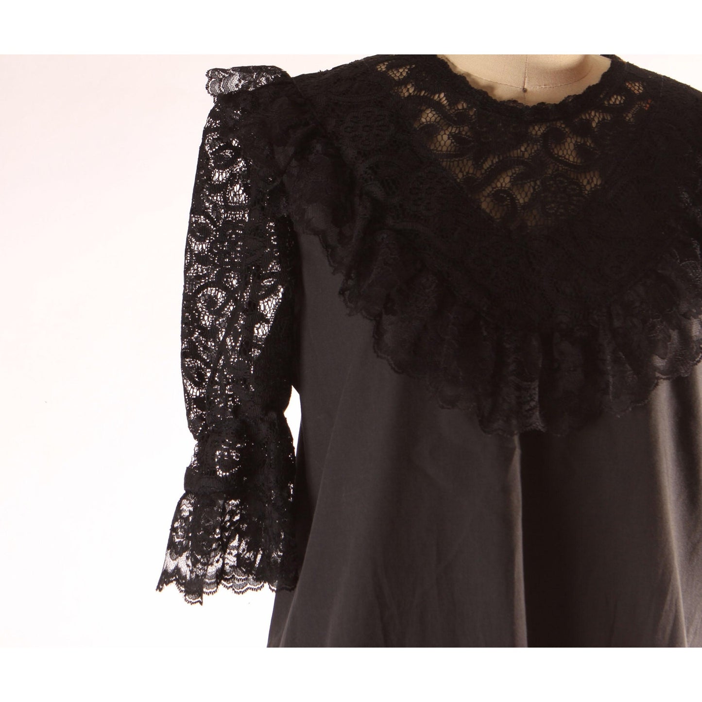 1970s Early 1980s Black Sheer Lace Puffy Sleeve Square Dance Gothic Blouse by Square Up -S