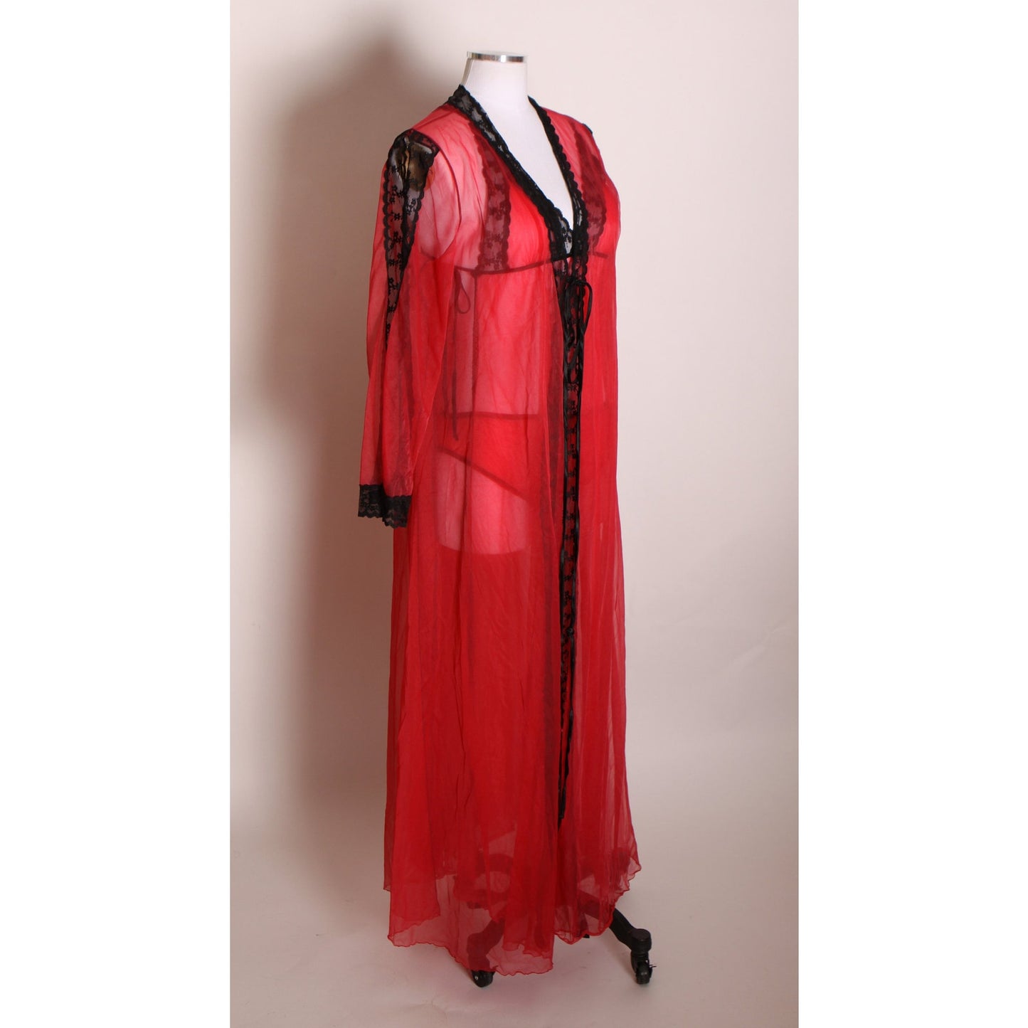 1960s Red and Black Lingerie Open Side Night Gown with Matching Panties and Open Sleeve Robe Lingerie Set -S