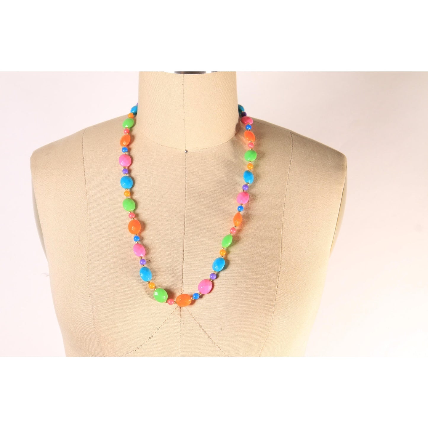 1980s Neon Multi-Colored Rainbow Plastic Beaded Necklace
