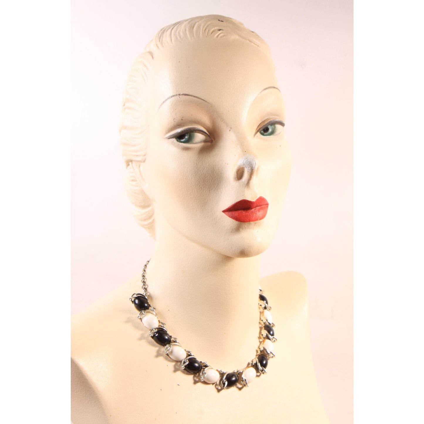 1950s Silver Tone Metal Black and White Statement Necklace