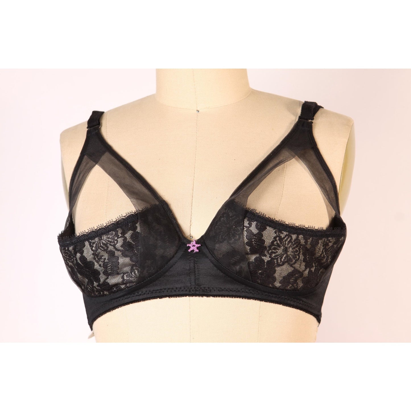 1970s Black Open Cup Sheer Floral Lace Trim Pink Star Detail Shelf Bra by Fredericks of Hollywood-38
