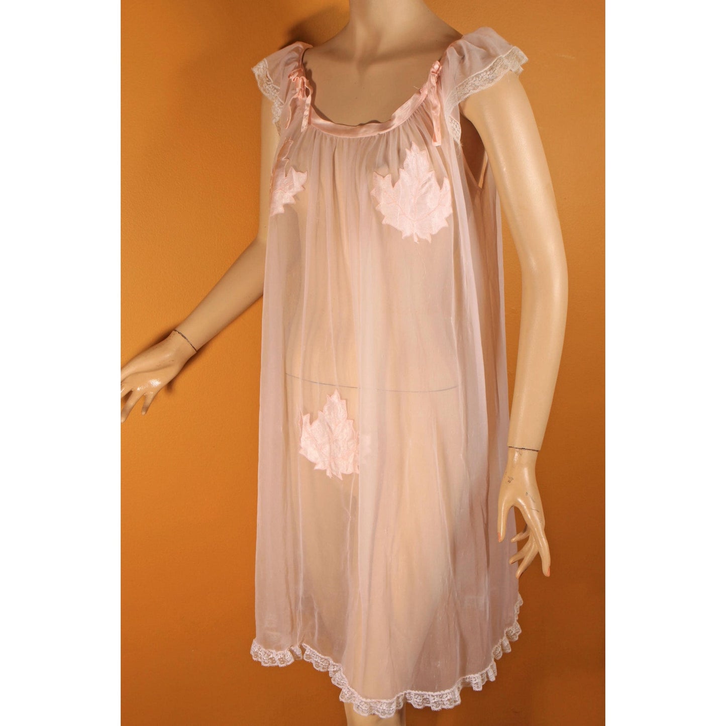 1950s Sheer Illusion Pink Fig Leaf Risque Pin Up Eves Leaves Babydoll Peignoir Night Gown by Chevette