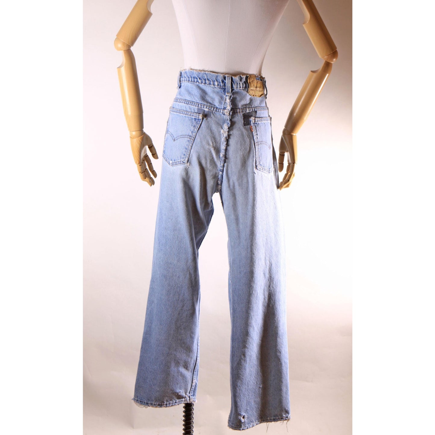 1980s Distressed Patch Fraying Blue Denim Orange Tab 517 Jeans by Levi's -38x30