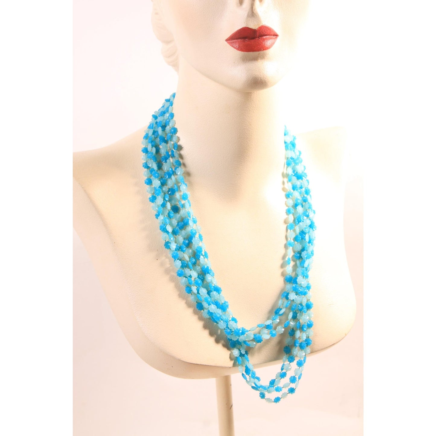 1960s Turquoise Blue Flower Floral Shaped Beaded Multi-Strand Necklace