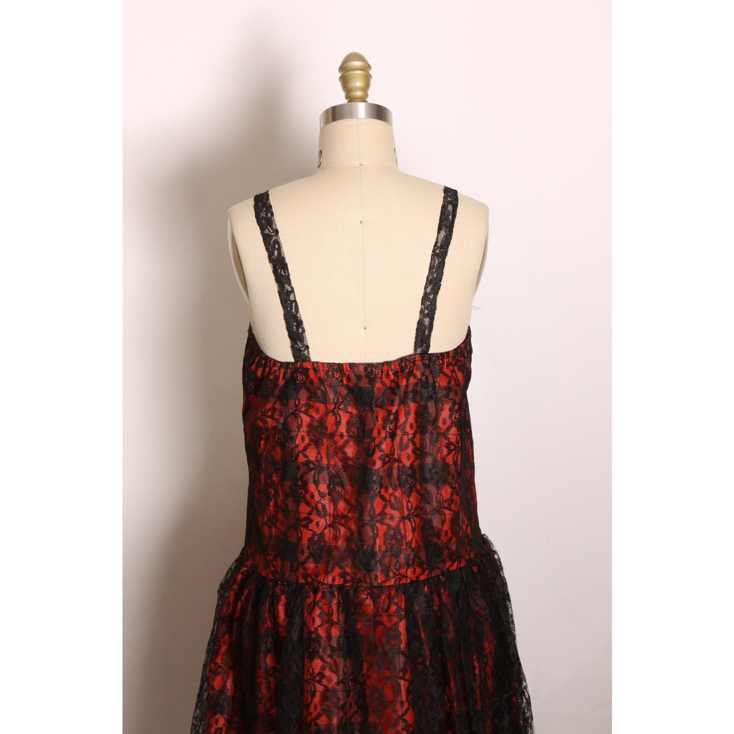 Deadstock 1970s Black and Red Gothic Lace and Plaid Print Lace Strap Sleeveless Dress by Purrr’s -S-M