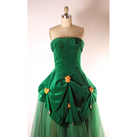 Late 1940s Early 1950s Emerald Green Velvet and Golden Yellow Gathered Bow Strapless Formal Prom Dress by Fred Perlberg -XS