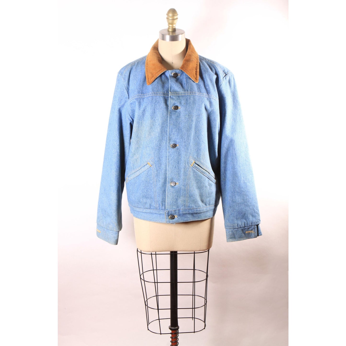 1970s Blue Denim Metal Snap Corduroy Trim Faux Fur Lined Western Work Wear Western Chore Coat by Wrangler -L