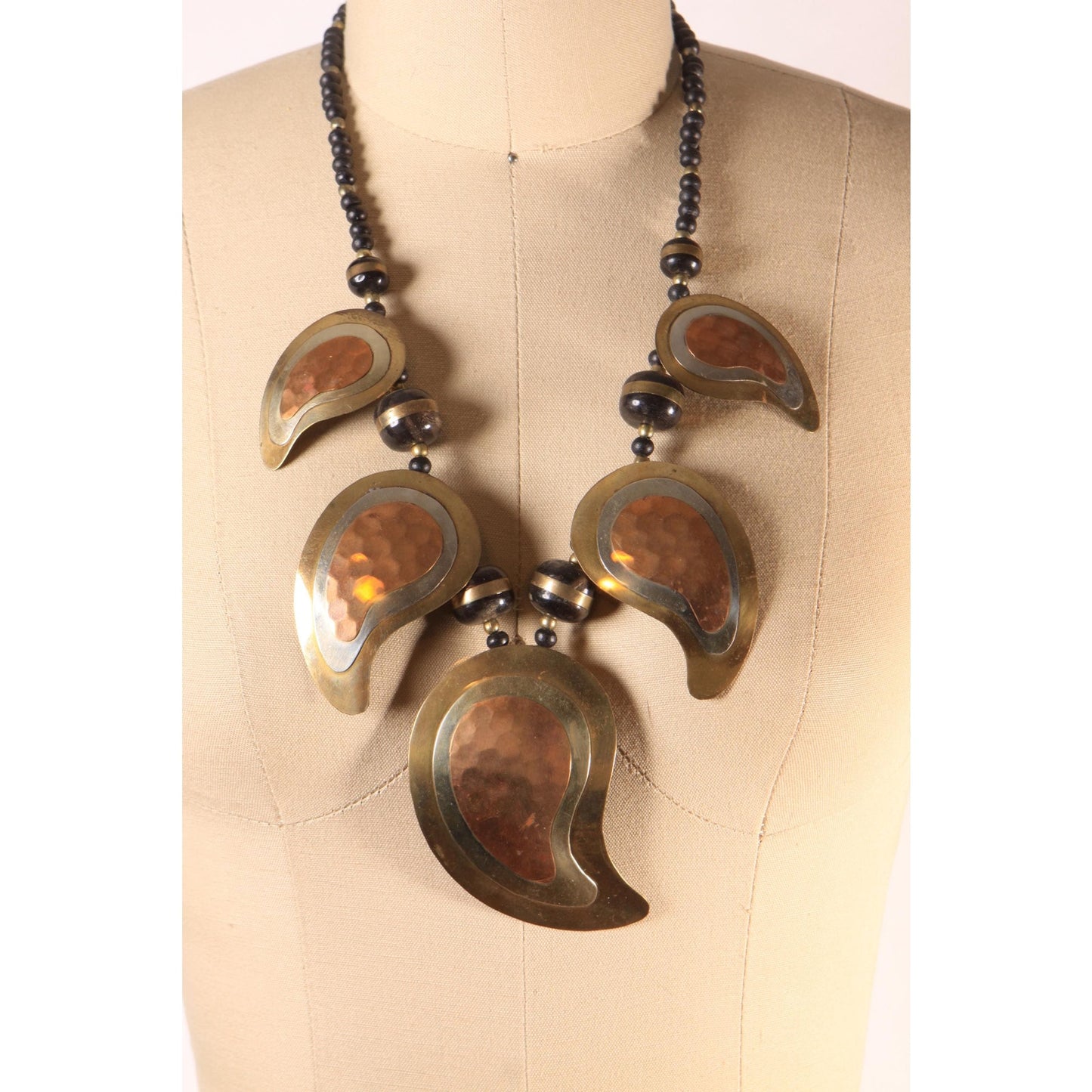Late 1970s Copper and Brass Metal Hammered Beaded Paisley Shape Boho Oversized Chunky Necklace