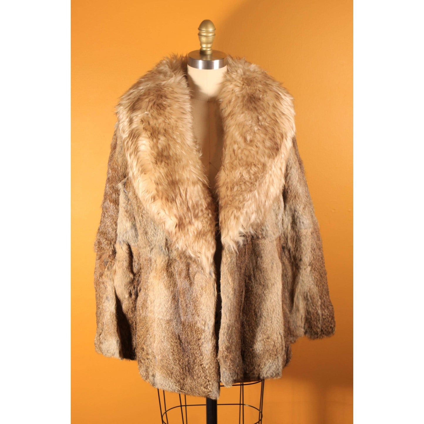 1970s Brown and Gray Rabbit Fur and Shearling Trim Collar Coat by Montgomery Ward -M-L