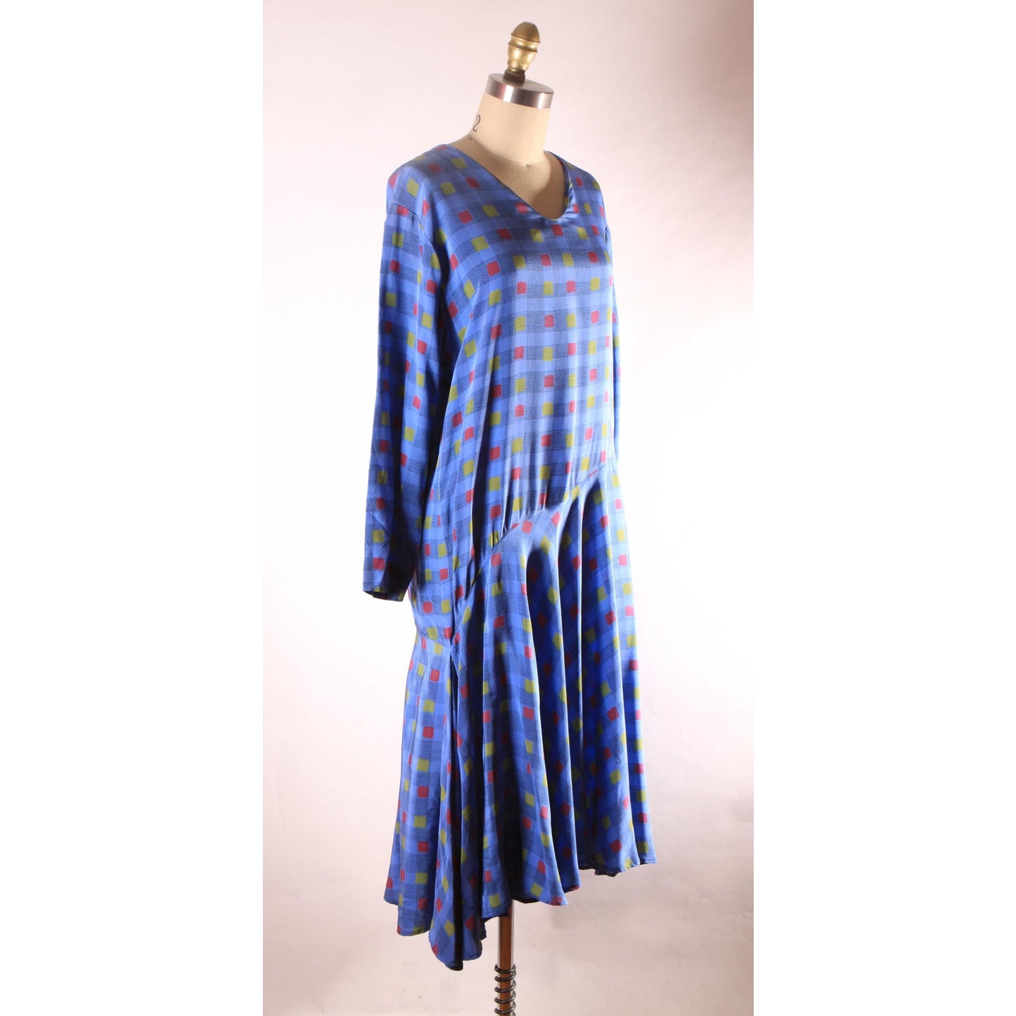 1970s Long Sleeve Blue, Black, Red and Yellow Asymmetrical Drop Waist V Neck Geometric Plaid Dress by Valentino