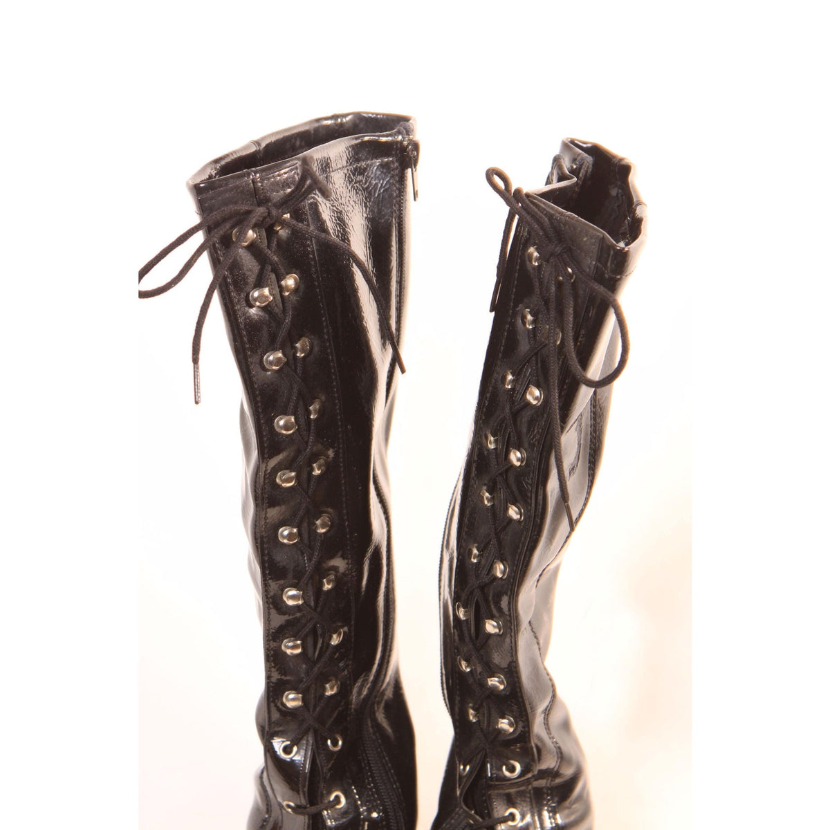 Deadstock 1960s Black with Silver Tone Eyelet, Speed Hook Lace Up and Zippered Go Go Boots - Made in Japan-Size 7