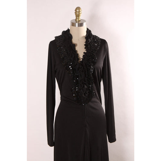 1970s Black Long Sleeve Ruffle Collar Sequin Detail Full Length Middle Slit Dress by Lynn Stevens -L